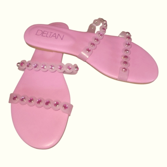 Deltan Hollie Women's Scallop Rhinestone Embellished Double Straps Pink Sandals - Picture 5 of 7